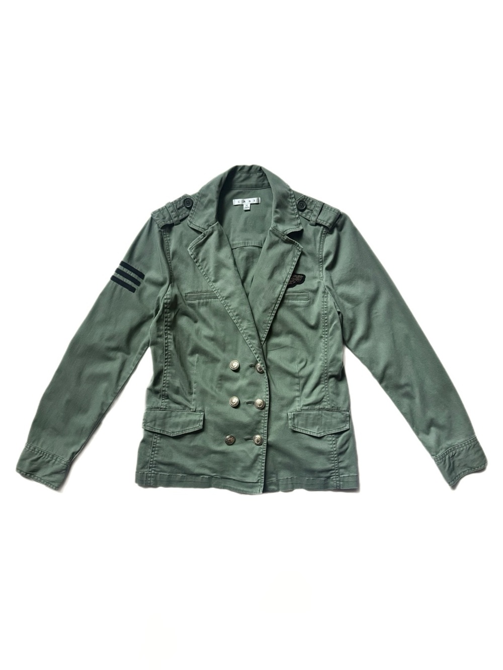 Cabi Military Style Olive Green Patch Details Double Breasted Jacket